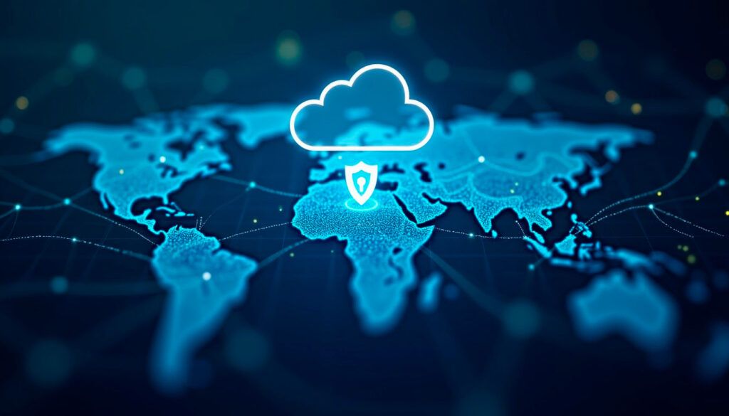 An image of a global network connected through cloud computing. Visualize interconnected servers, data flowing seamlessly across continents, and a digital security shield protecting the network. The design should reflect a modern, secure, and scalable cloud infrastructure.