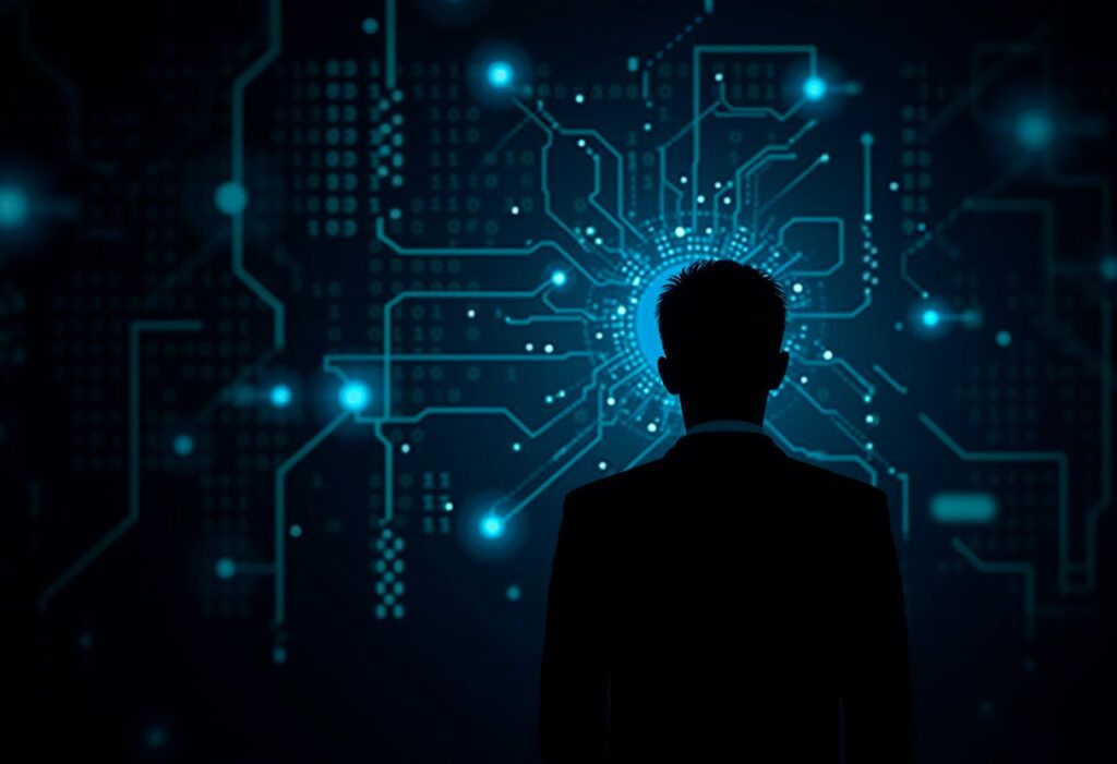 A silhouetted figure facing a complex network of digital data streams and binary code, representing the concept of digital data privacy. The background is dark, with a few highlighted elements showing potential data breaches. High-tech, futuristic feel, emphasizing vulnerability and complexity.